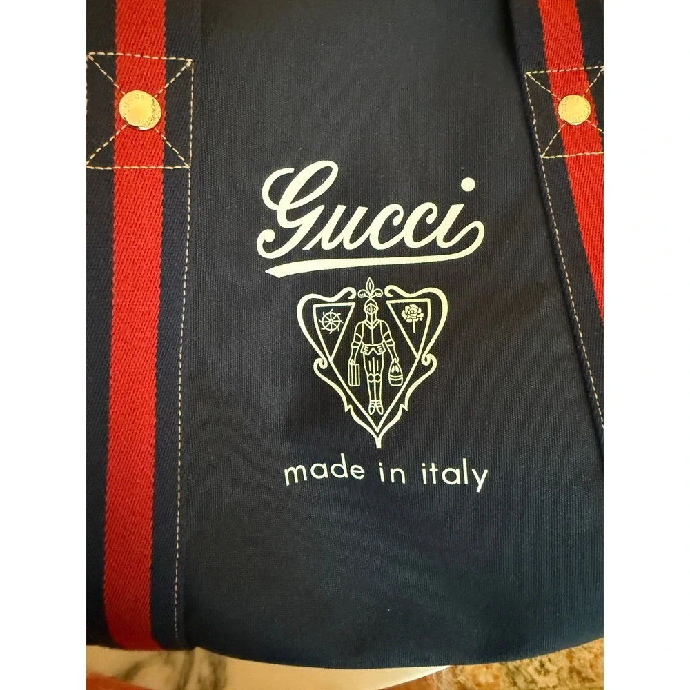 Gucci 816866 Duffle Bag Navy Canvas Red Blue Web Stripe Travel Weekend Bag